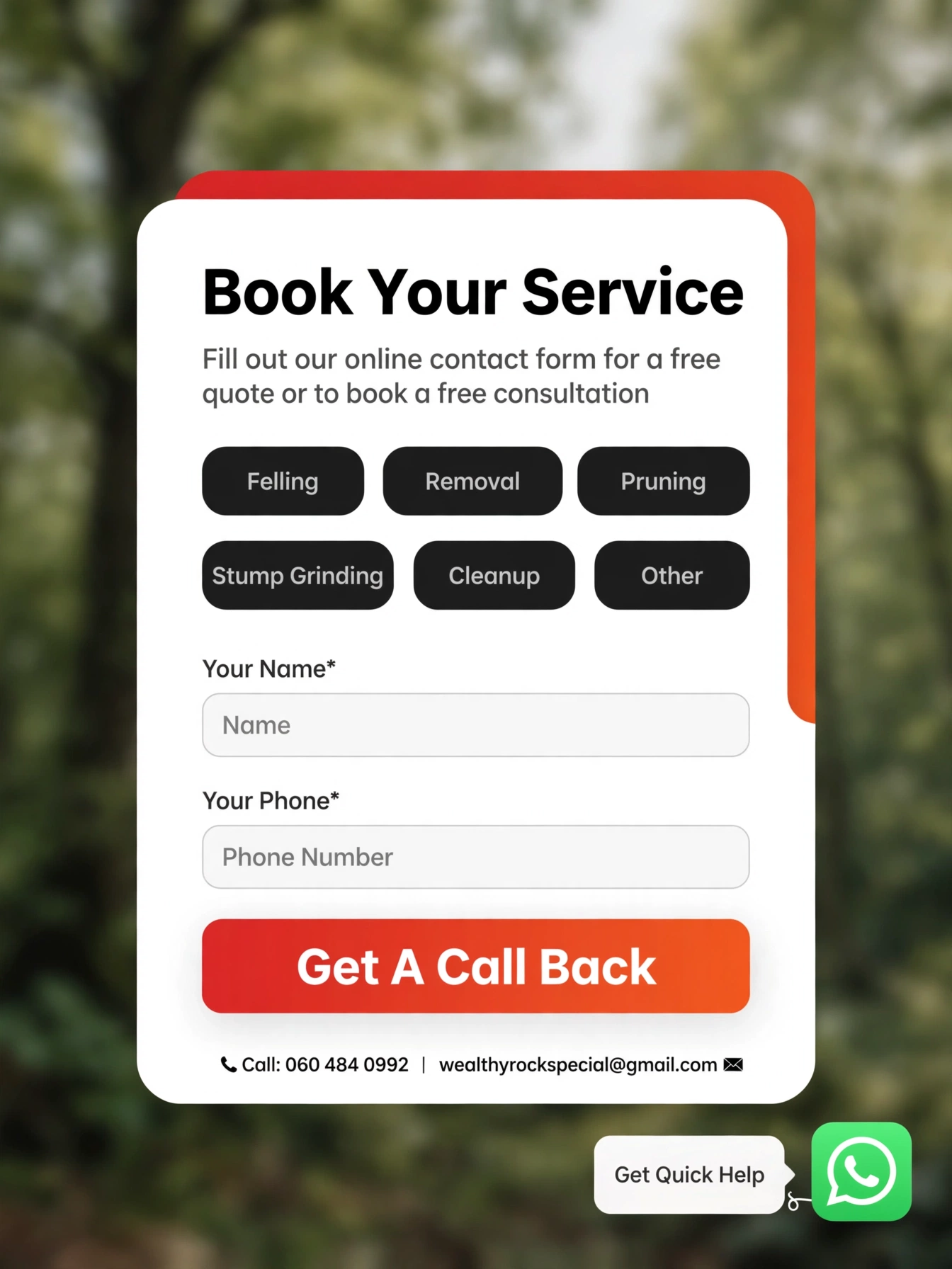 IMPACT portrait booking form artwork with tree service options