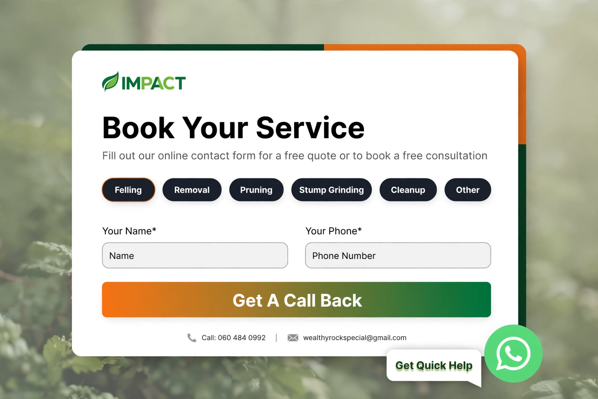 IMPACT booking form promotional artwork with service options and a quote request