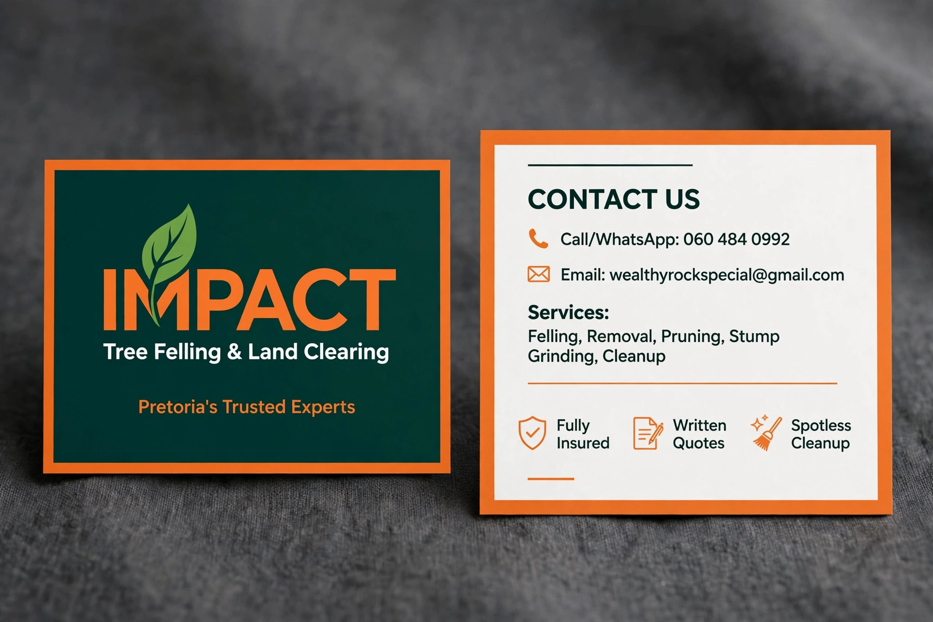 IMPACT business card artwork with contact details and listed services