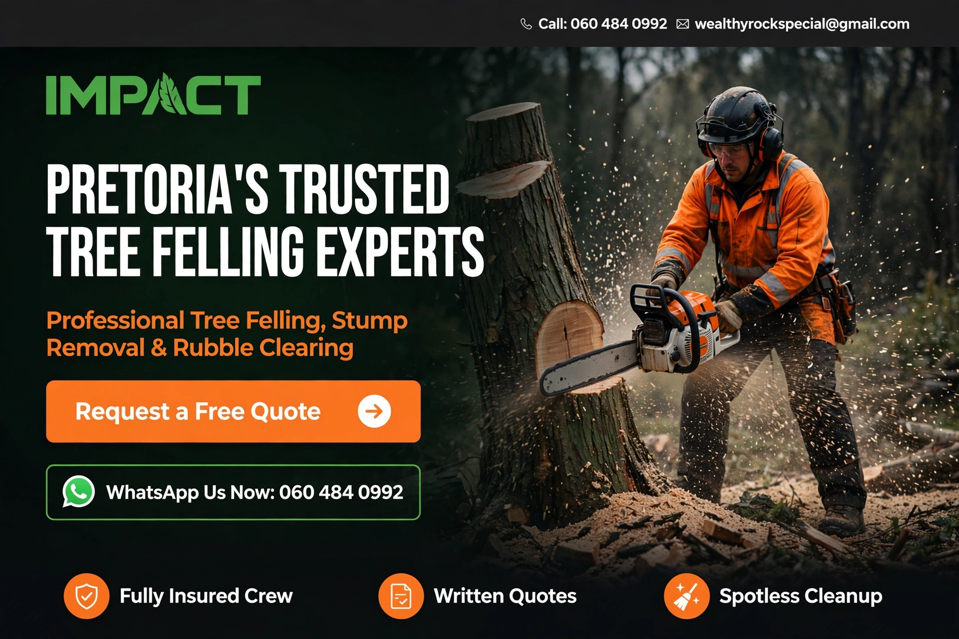 IMPACT promotional artwork showing a tree care professional with a chainsaw; tree felling and rubble clearing in Pretoria